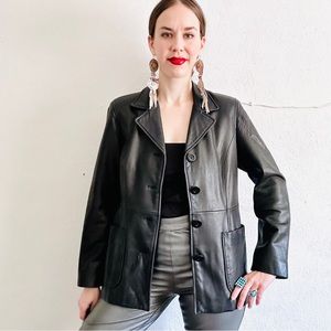 90s VTG Black 100% Leather Lambskin Minimalist Paneled Fitted Blazer Jacket